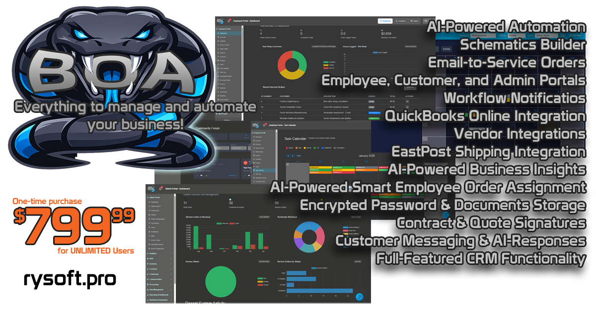 BOA Business Software - Complete field service management platform with dashboards, schematic builder, scheduling, and AI-powered automation